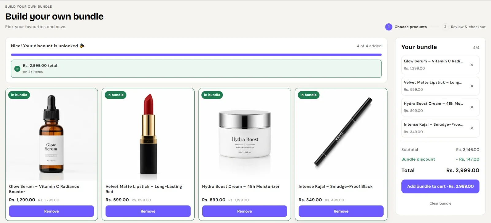 Build your own bundle page for Shopify with product cards marked In bundle, a progress bar and a bundle summary with discount and Add bundle to cart button