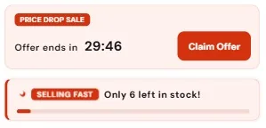 FOMO widgets: price-drop sale timer with a Claim Offer button and a selling-fast low-stock message