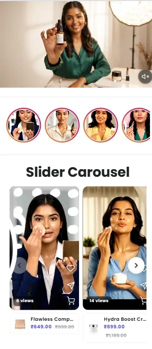 Mobile storefront with a hero video, story circles and a shoppable video slider