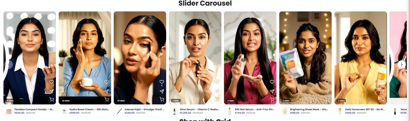 Shoppable video slider carousel with view counts, like, share and add-to-cart icons and a product card under each video